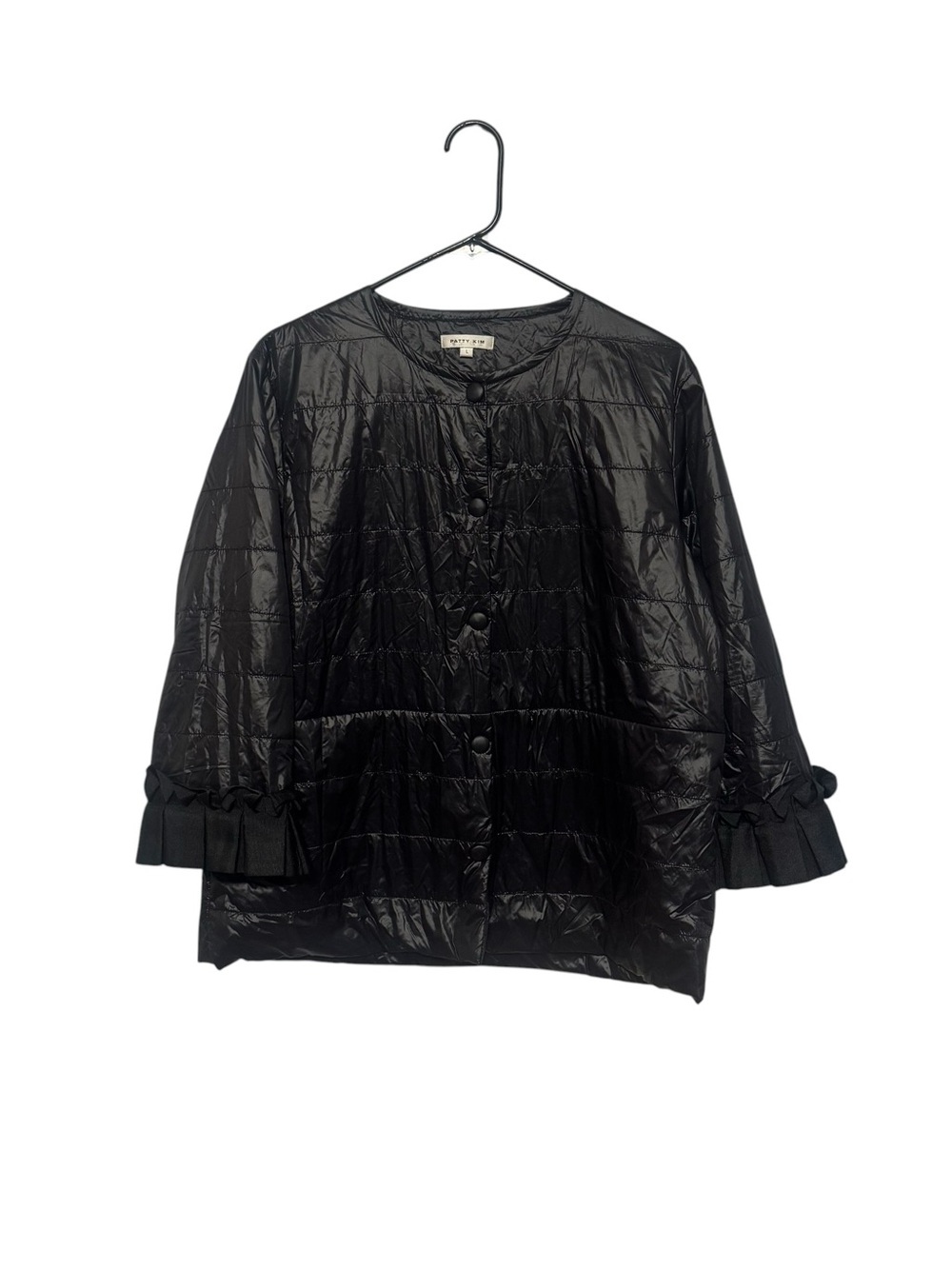 Patty Kim Women's Black Quilted Button-Front Jacket with Ruffle Cuffs